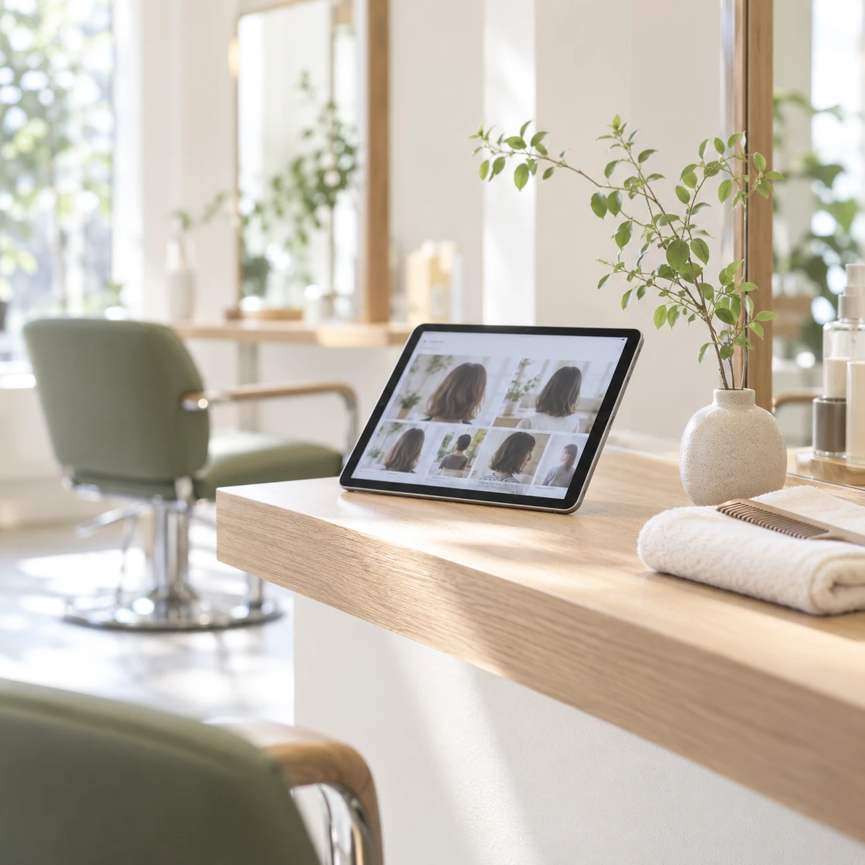 明るいサロンのカウンターにタブレットと植物を置いた接客イメージ
